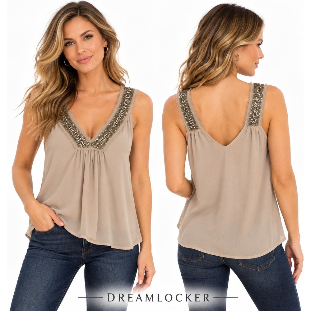 BKE Boutique Beaded Tank Top Small Taupe Chiffon Rhinestone Embellished V Neck